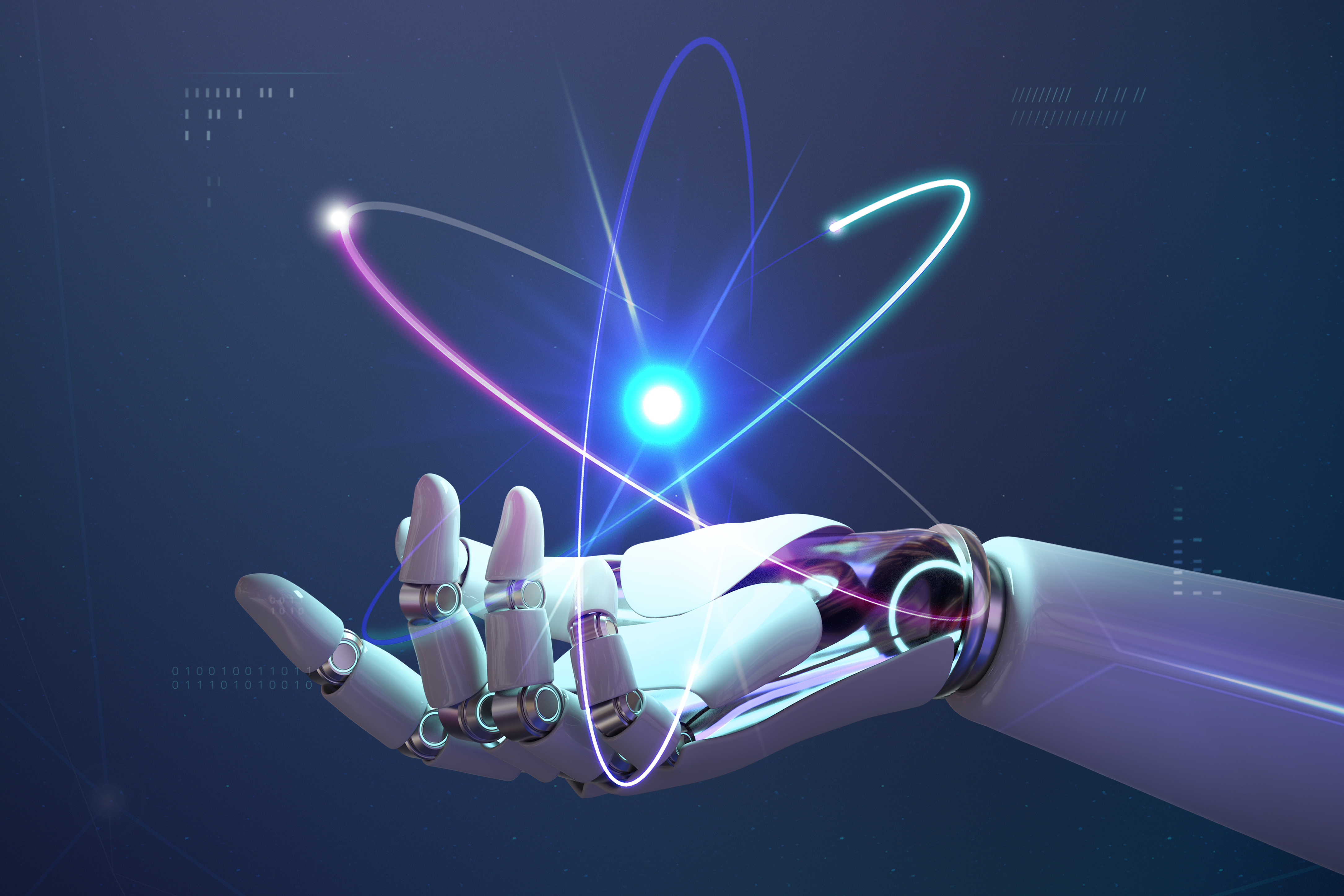 A robotic hand holding a glowing atomic-style network, representing AI-assisted debugging and technical analysis.