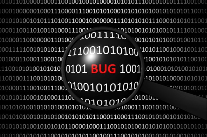 A magnifying glass revealing the word “BUG” inside lines of binary code, representing software investigation and root-cause discovery.