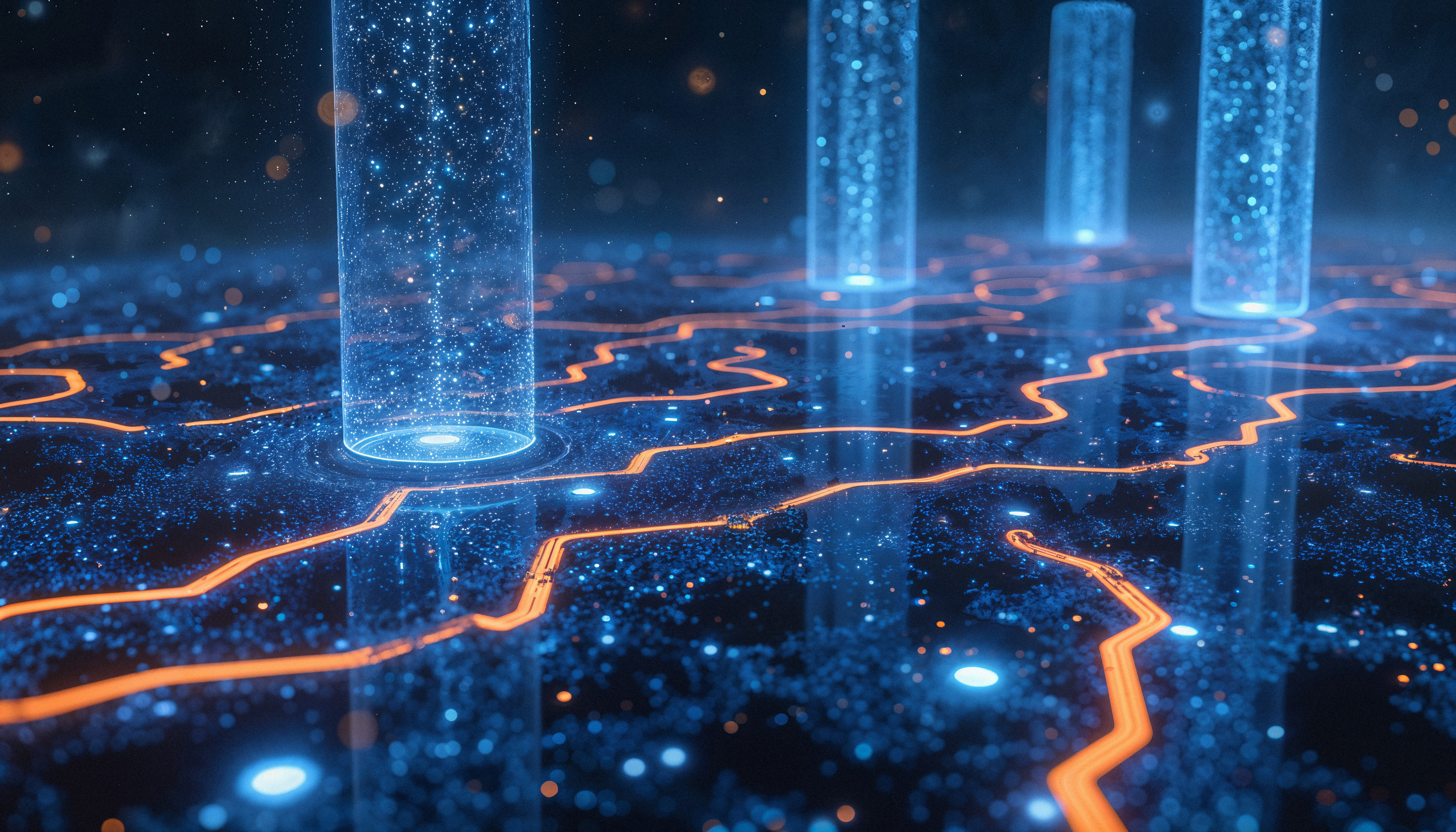 A glowing digital network with connected paths and data columns, representing communication and failures across distributed services.