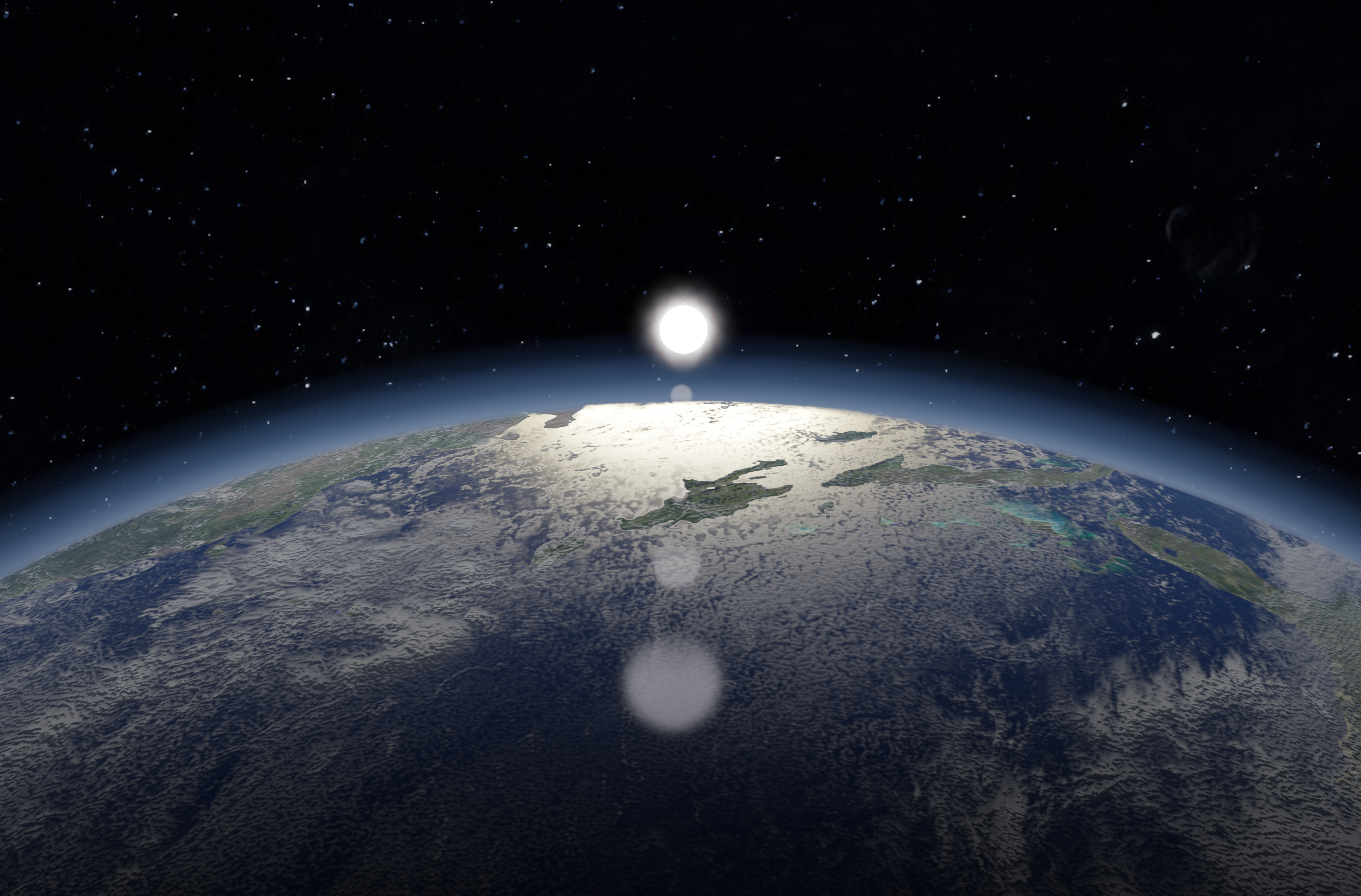 Earth viewed from space with sunlight above the horizon.