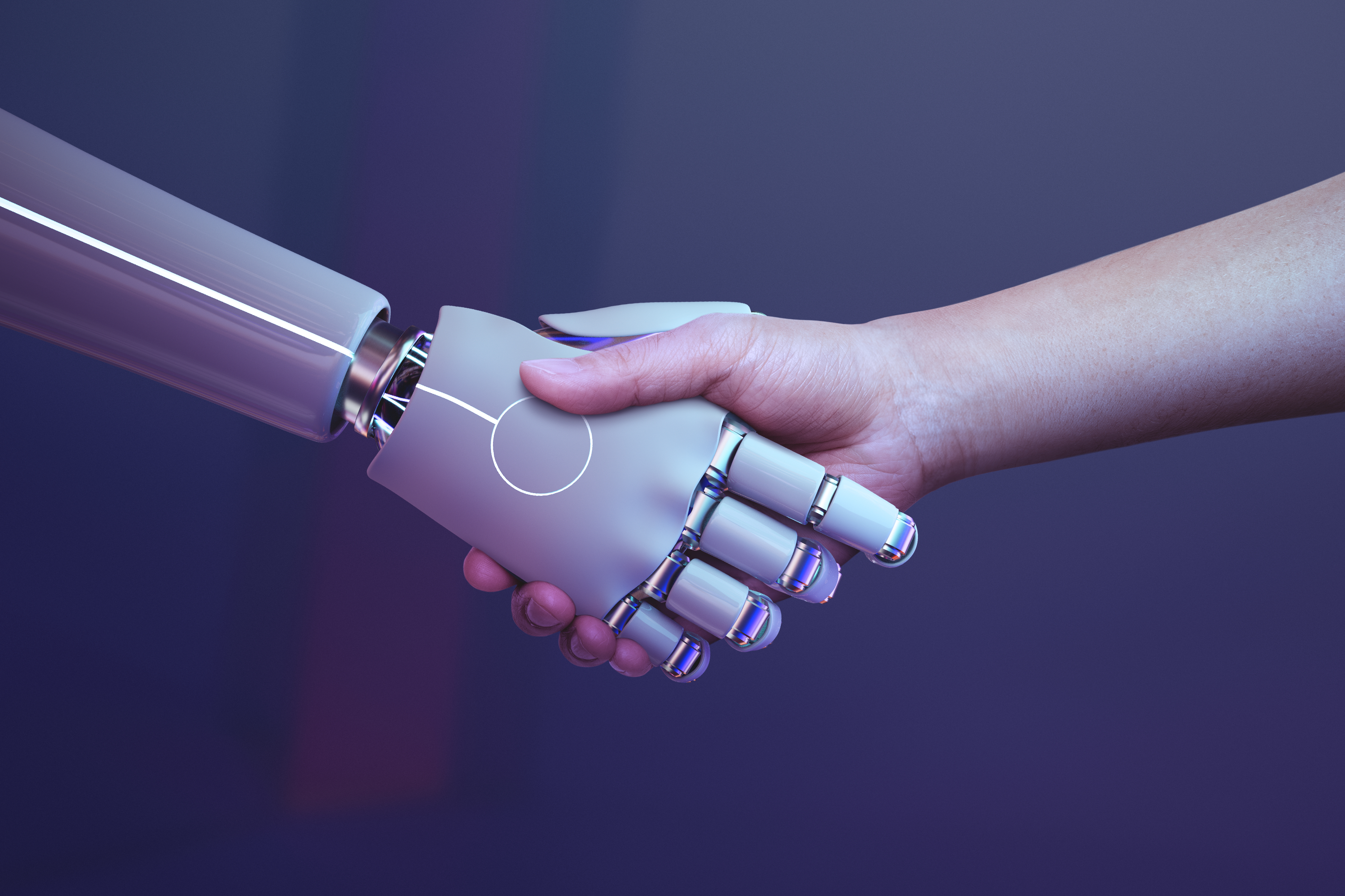 A human hand shaking a robotic hand, representing collaboration between engineers and AI during software debugging.