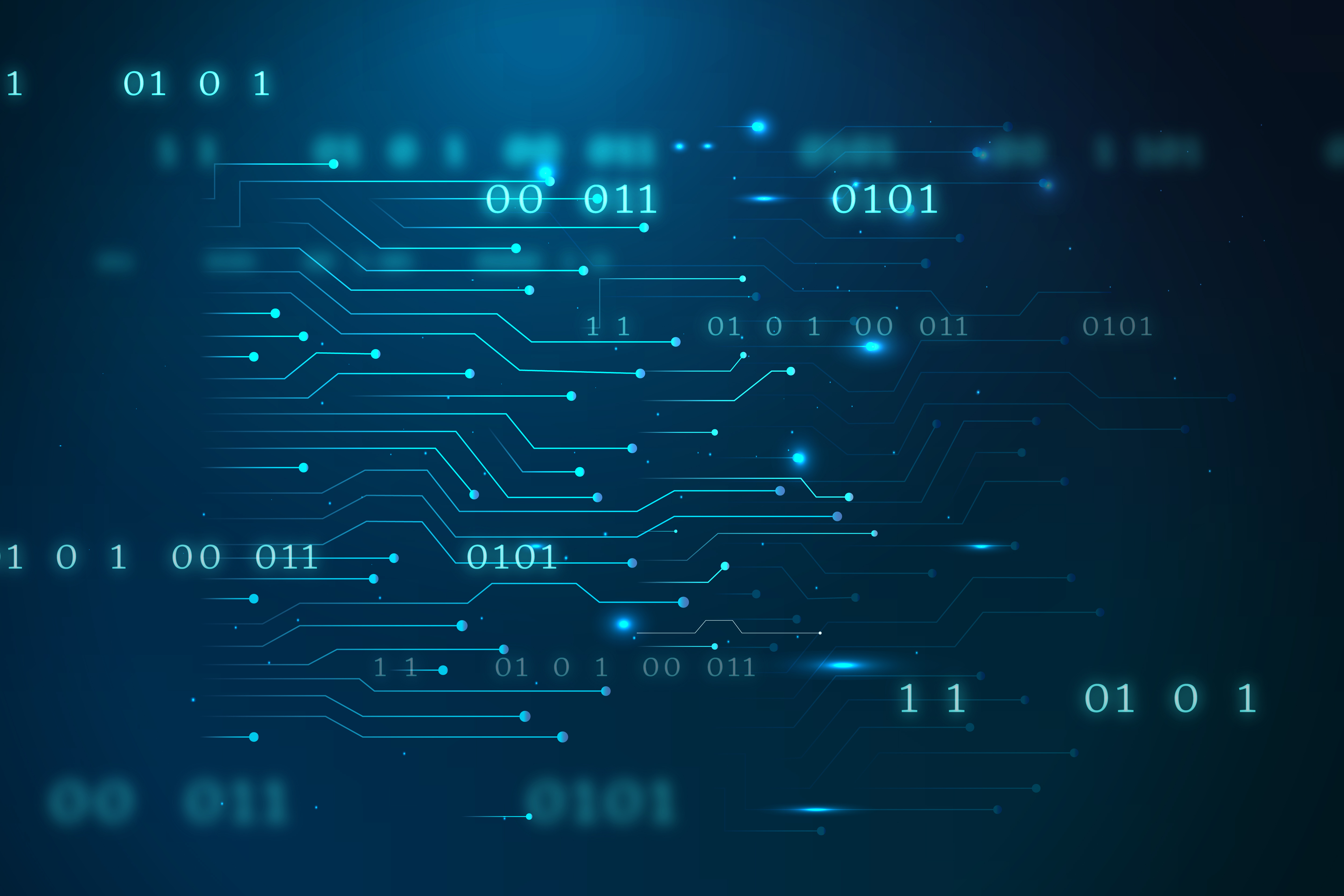 A glowing blue digital circuit filled with binary signals, representing the data trail created as information moves through an application.
